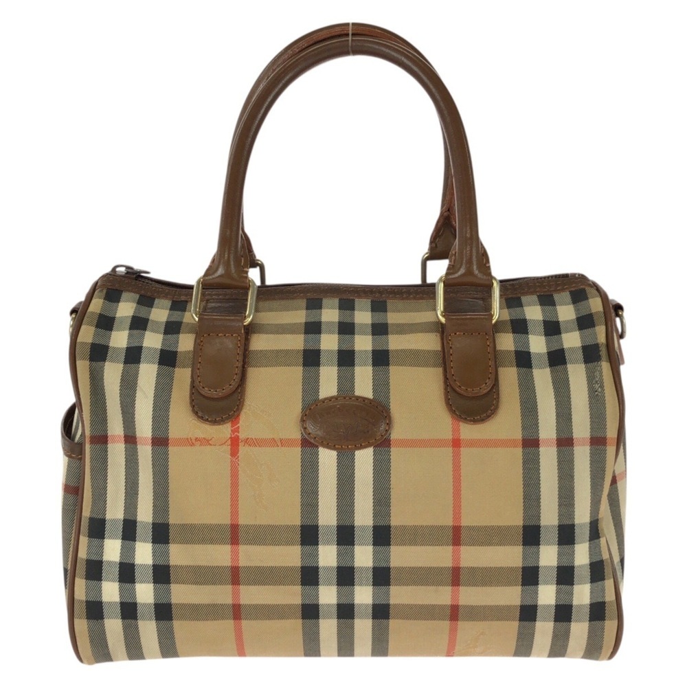 BURBERRY Vintage Check Pattern Beige Brown Gold Hardware Canvas Leather Handb...